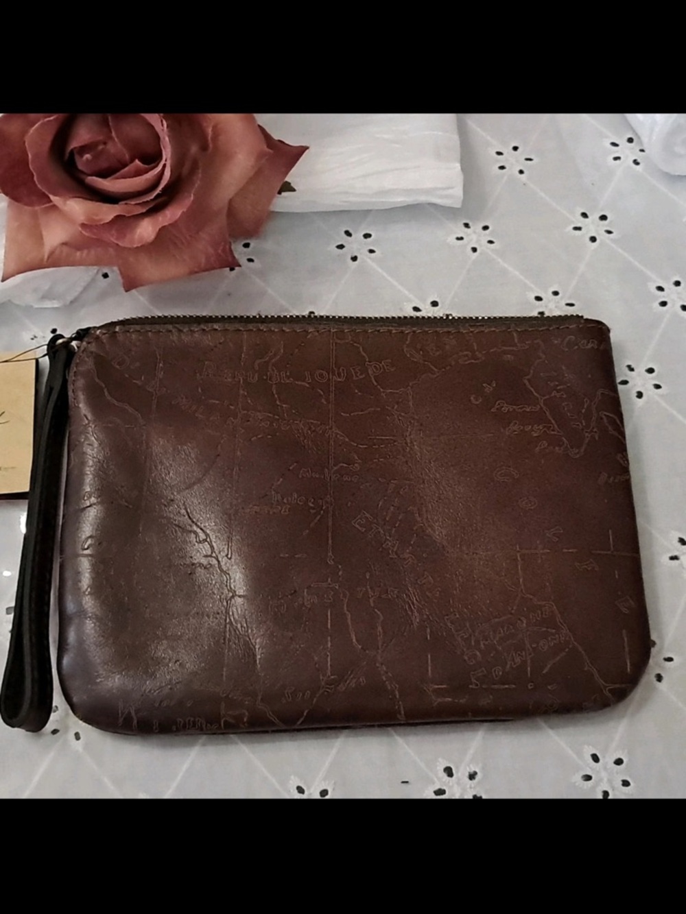 Patricia Nash Map Print Wristlet Clutch Bag Brown Gold Designer Italian